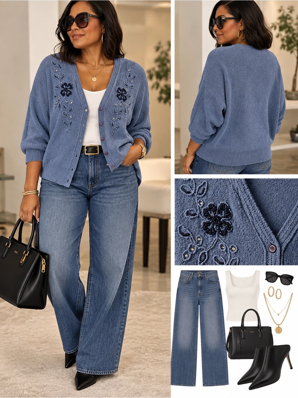 & Other Stories Dusty Blue Embroidered Button-Front Cardigan